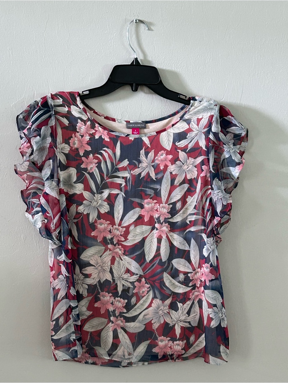 Vince Camuto Women's Sz S Pink & Sheer Purple Floral Print Flowy Blouse
